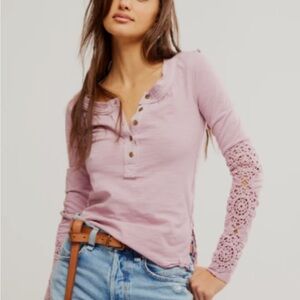 We The Free Free People Lavender Long Sleeve Top with Crochet Sleeves
